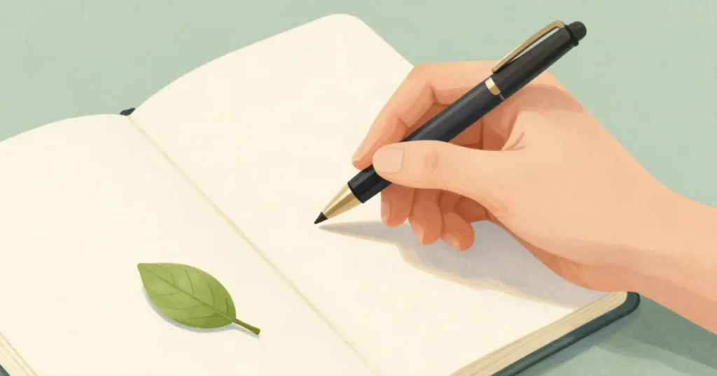 빈 노트 위에 펜을 든 손과 작은 초록 잎을 그린 일러스트
